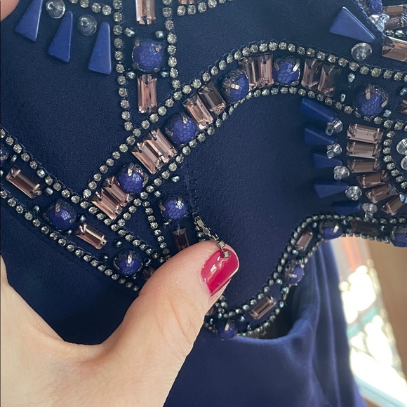 Badgely Mischka Long Navy Blue Evening Gown Size 10 Beaded Cap Sleeve Mini Train - Picture 7 of 11